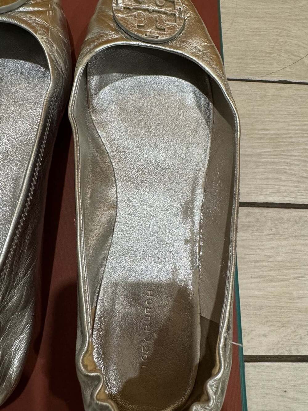 Tory Burch Minnie Travel Ballet Flats Silver Leather